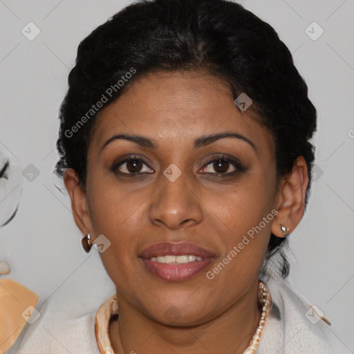 Joyful latino young-adult female with short  brown hair and brown eyes