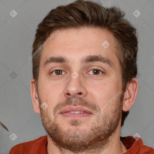 Neutral white adult male with short  brown hair and brown eyes