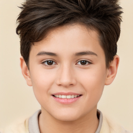 Joyful white child female with short  brown hair and brown eyes