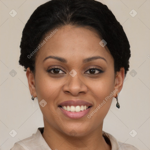 Joyful latino young-adult female with short  brown hair and brown eyes