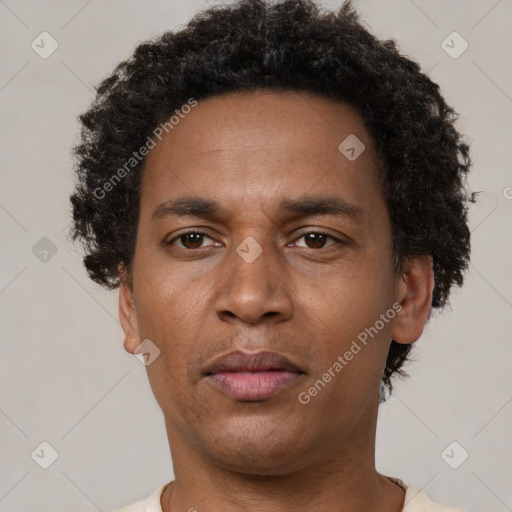 Neutral black adult male with short  brown hair and brown eyes