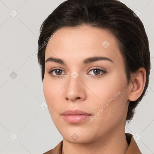 Neutral white young-adult female with short  brown hair and brown eyes