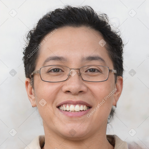 Joyful white adult female with short  brown hair and brown eyes