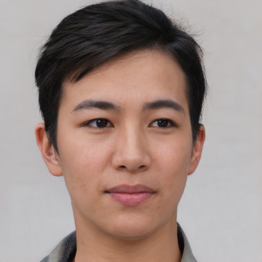 Neutral asian young-adult male with short  brown hair and brown eyes