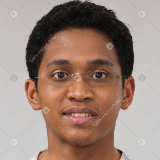 Joyful latino young-adult male with short  brown hair and brown eyes