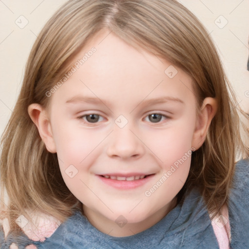 Joyful white child female with medium  brown hair and grey eyes