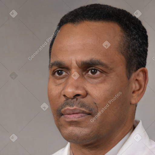 Neutral black adult male with short  black hair and brown eyes