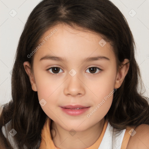 Joyful white child female with medium  brown hair and brown eyes