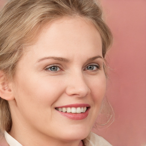 Joyful white young-adult female with medium  blond hair and brown eyes