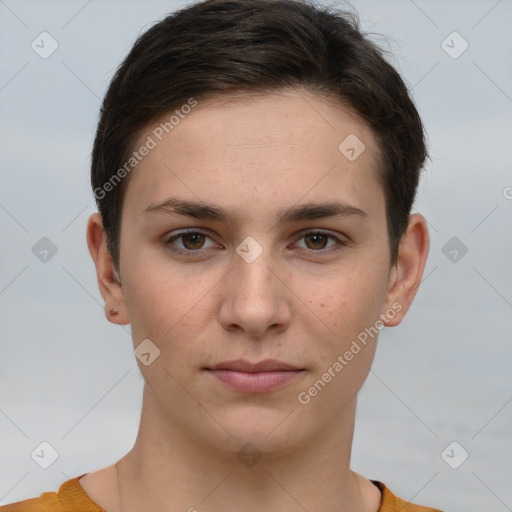 Joyful white young-adult female with short  brown hair and brown eyes