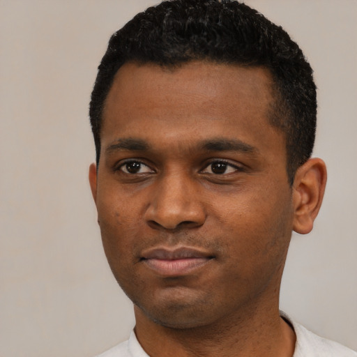 Neutral black young-adult male with short  black hair and brown eyes