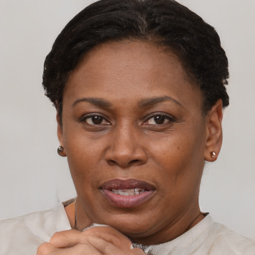 Joyful latino adult female with short  brown hair and brown eyes