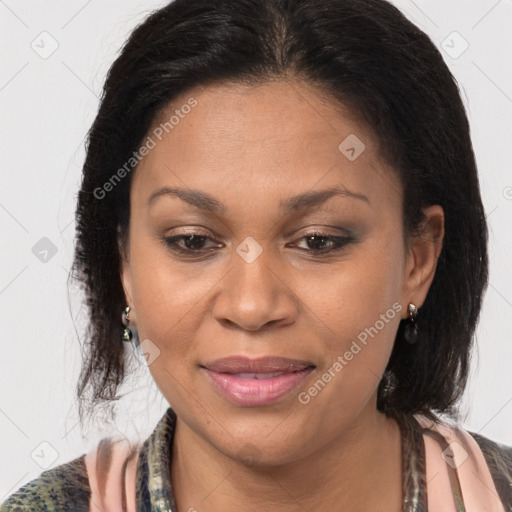 Joyful latino young-adult female with medium  brown hair and brown eyes