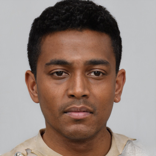 Neutral black young-adult male with short  black hair and brown eyes