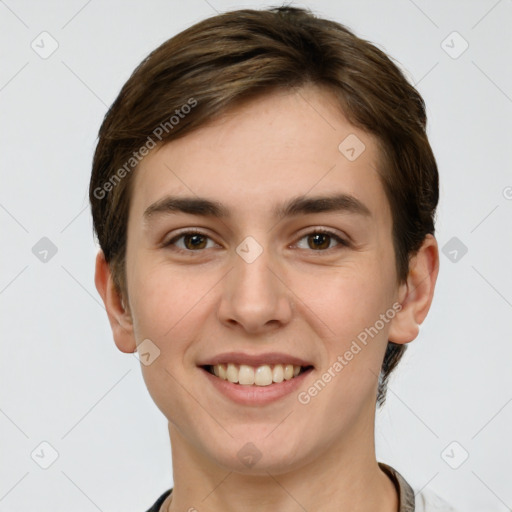 Joyful white young-adult female with short  brown hair and grey eyes