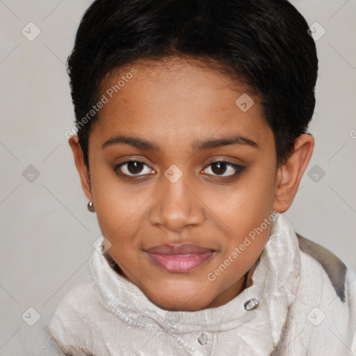 Joyful black young-adult female with short  brown hair and brown eyes