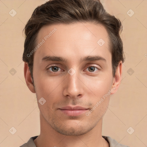 Neutral white young-adult male with short  brown hair and brown eyes