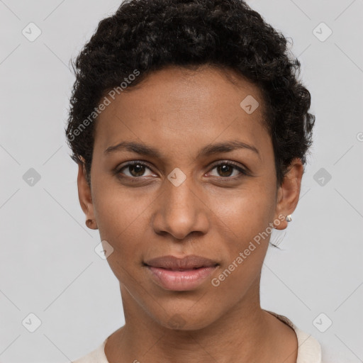 Joyful latino young-adult female with short  black hair and brown eyes