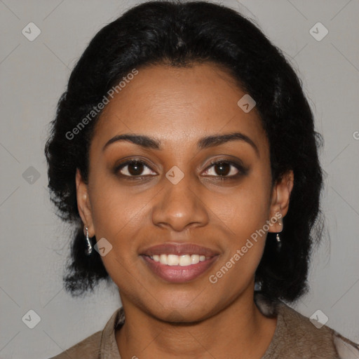 Joyful black young-adult female with medium  black hair and brown eyes