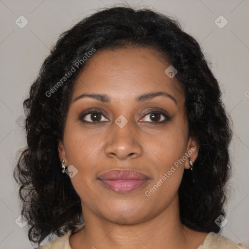 Joyful black young-adult female with medium  brown hair and brown eyes