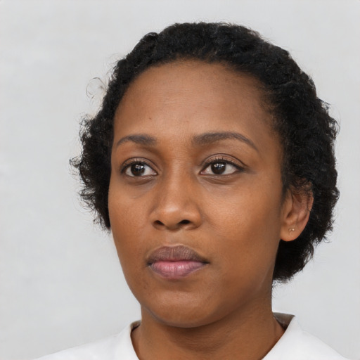 Neutral black adult female with short  black hair and brown eyes