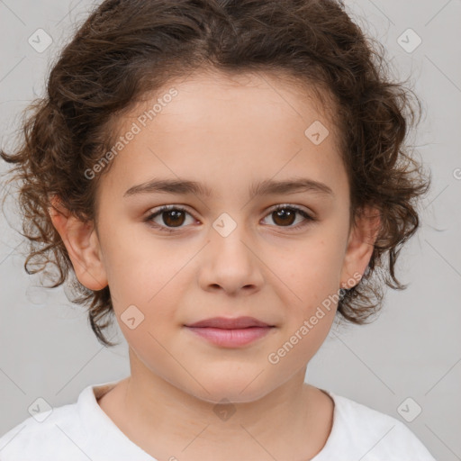 Joyful white child female with medium  brown hair and brown eyes