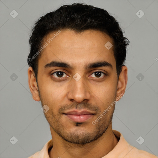 Neutral latino young-adult male with short  black hair and brown eyes