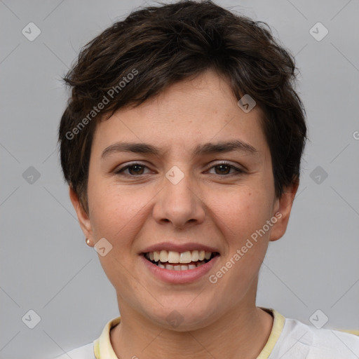 Joyful white young-adult female with short  brown hair and brown eyes