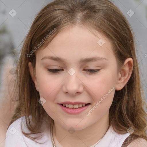 Joyful white child female with medium  brown hair and brown eyes