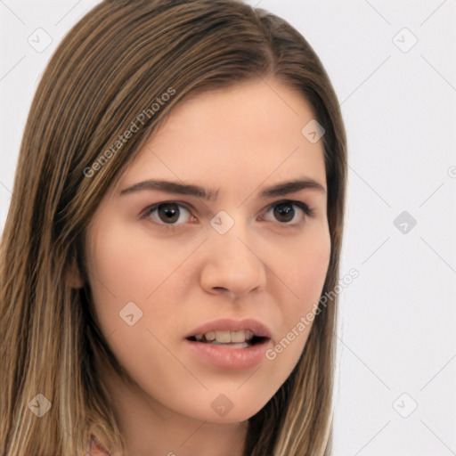 Neutral white young-adult female with long  brown hair and brown eyes