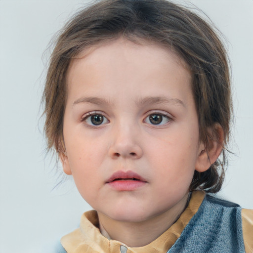 Neutral white child female with medium  brown hair and blue eyes