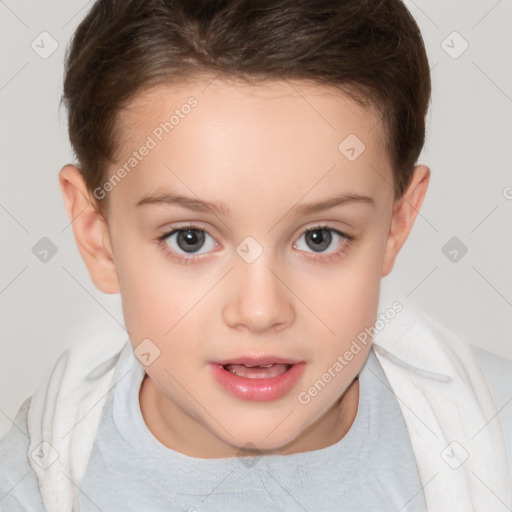 Joyful white child female with short  brown hair and brown eyes