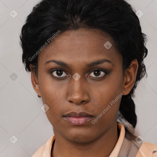 Neutral asian young-adult female with short  black hair and brown eyes