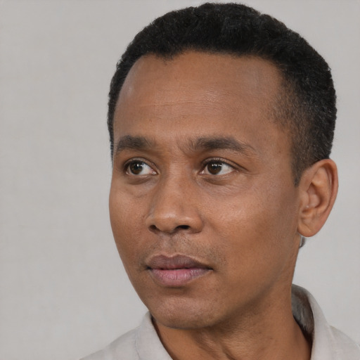 Neutral black young-adult male with short  black hair and brown eyes