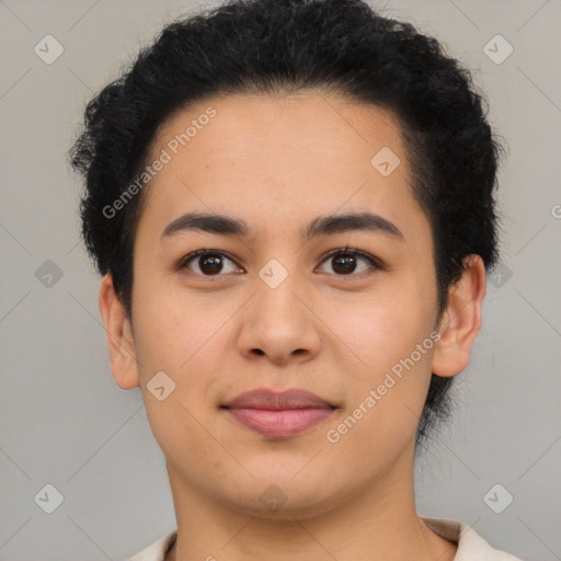 Joyful latino young-adult female with short  brown hair and brown eyes