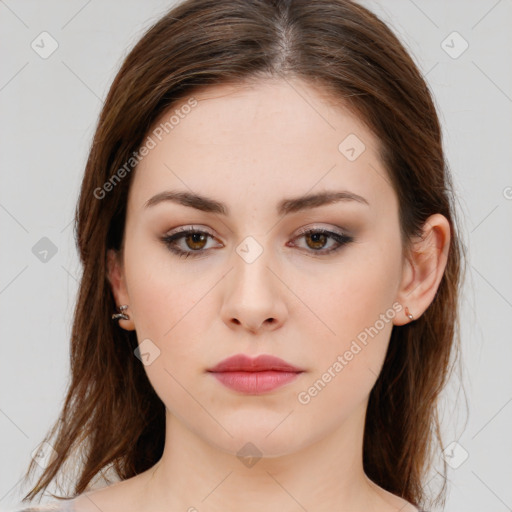 Neutral white young-adult female with medium  brown hair and brown eyes