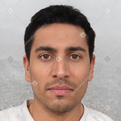 Neutral asian young-adult male with short  black hair and brown eyes