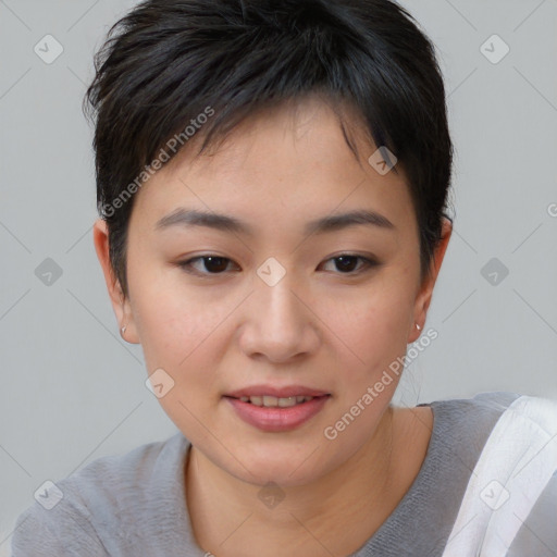 Joyful asian young-adult female with short  brown hair and brown eyes