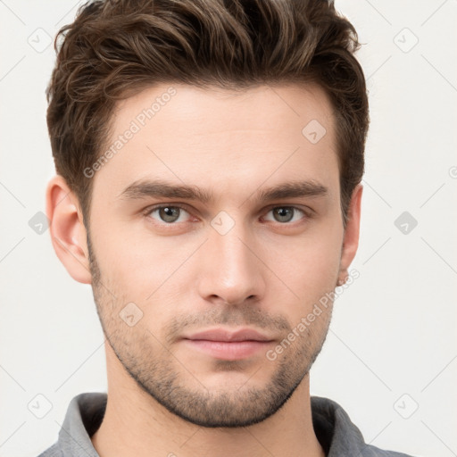 Neutral white young-adult male with short  brown hair and grey eyes