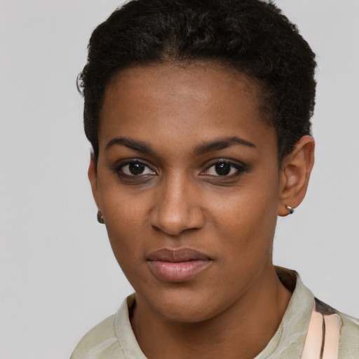 Neutral black young-adult female with short  brown hair and brown eyes