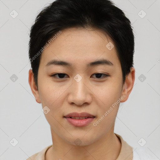 Joyful asian young-adult female with short  brown hair and brown eyes