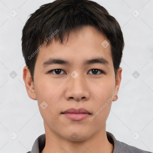 Neutral asian young-adult male with short  black hair and brown eyes