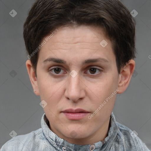 Joyful white adult female with short  brown hair and brown eyes