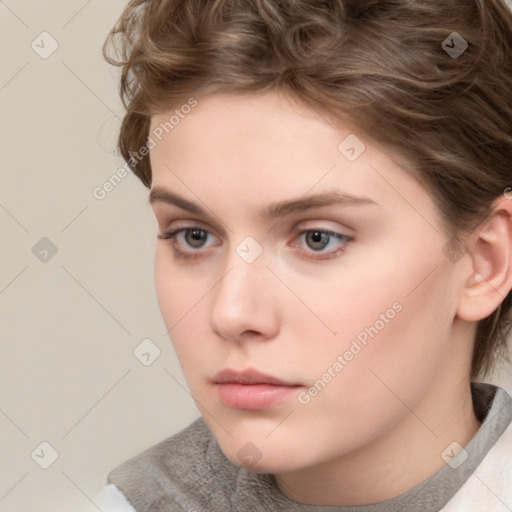 Neutral white young-adult female with short  brown hair and brown eyes