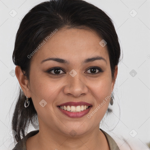 Joyful latino young-adult female with medium  brown hair and brown eyes