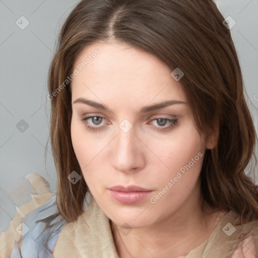 Neutral white young-adult female with medium  brown hair and grey eyes