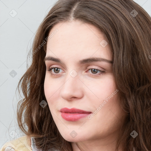 Neutral white young-adult female with long  brown hair and grey eyes