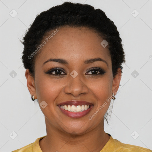 Joyful latino young-adult female with short  black hair and brown eyes