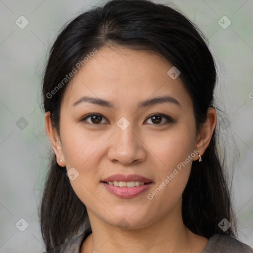 Joyful white young-adult female with medium  brown hair and brown eyes