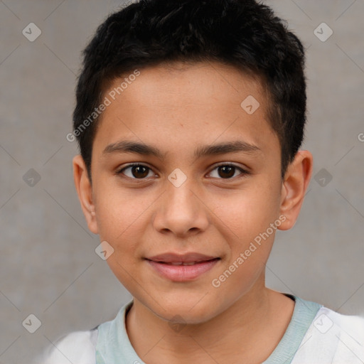 Joyful white child male with short  brown hair and brown eyes